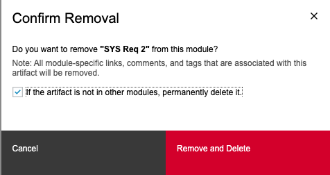 Window of the Confirm removal with the possibility to permanently delete
